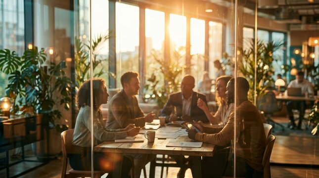 Professional group brainstorming during a business conference breakout session with blurred background.