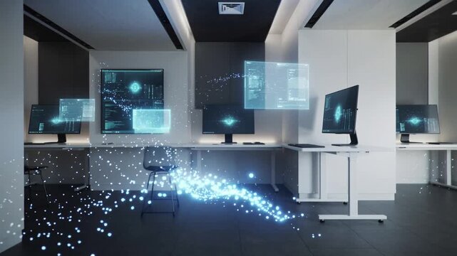 Futuristic office with multiple computer monitors and a digital trail of blue particles on a dark floor with white walls.