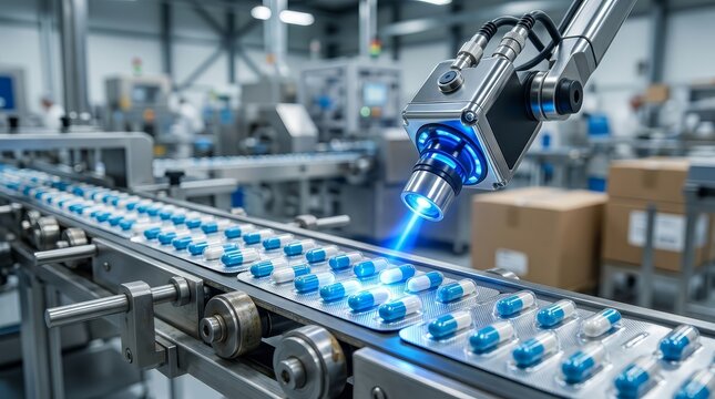 Automated pill packaging system with vision inspection and serialization technology.
