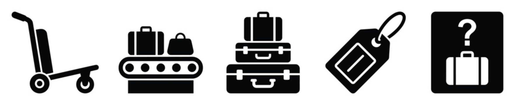 Airport baggage and travel icons including luggage cart, conveyor, stacked suitcases, tag and lost items for tourism graphics