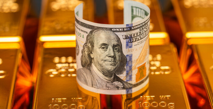 Inflation gold bars investment concept. Inflation savings money protection concept. Inflation financial dollar currency concept. Inflation wealth economy value concept.