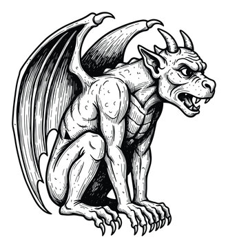 Gothic gargoyle mythical beast with wings horns for medieval horror or fantasy themes