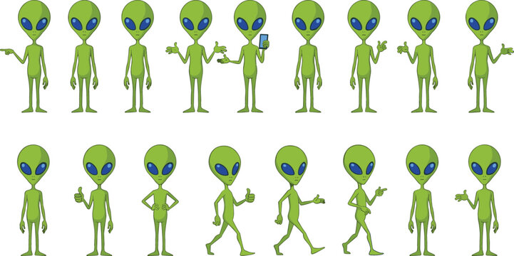 Green Alien Cartoon Character Set with Various Poses and Hand Gestures for Sci-Fi Illustrations Extraterrestrial Mascot Designs Space Themed Comics and Creative Digital Projects