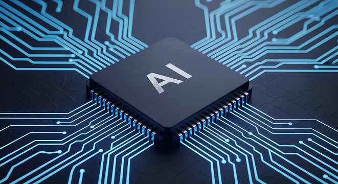 Central processing unit with A I inscription and blue circuit board