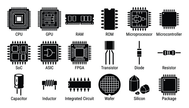 Comprehensive collection of essential electronic components and semiconductor icons for technology diagrams and educational materials