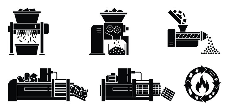 Industrial recycling machines for waste shredding, baling, and material transformation processes.