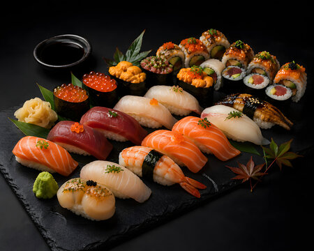 Premium Sushi Set with Nigiri, Sashimi and Rolls on Black Stone Plate, Japanese Cuisine