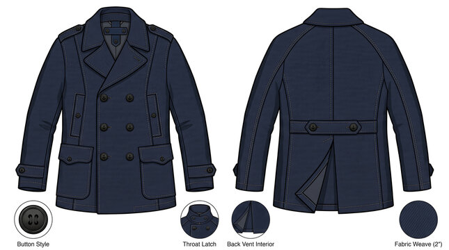 Flat Technical Fashion Illustration of a Double-Breasted Wool Peacoat with Front and Back Views on White Background