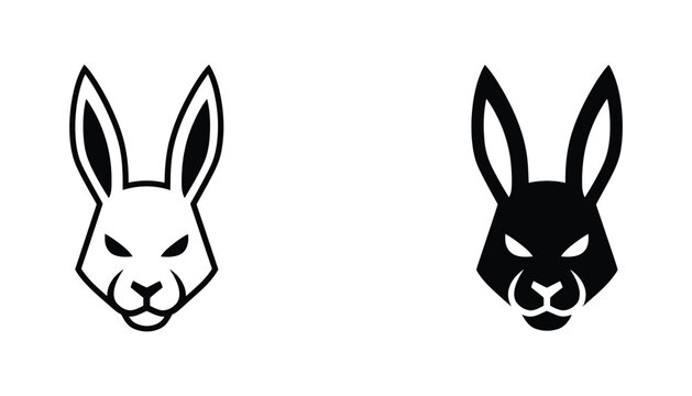 Aggressive rabbit head mascot icon in clean outline and solid black vector illustration style