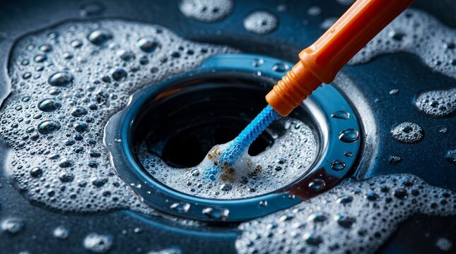 Close up of a bathroom sink drain being cleaned with a pipe cleaner and soap bubbles.