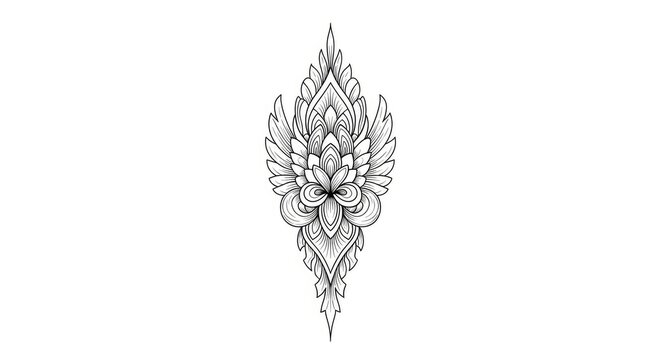 A detailed black and white mandala design features a central lotus flower surrounded by intricate, layered feather-like patterns.