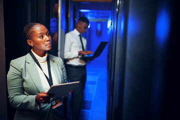 Fototapeta na wymiar Thinking, programming and black woman in server room, tablet for software development or cyber security. People, programmer or solution in workplace, connection or tech upgrade for online firewall