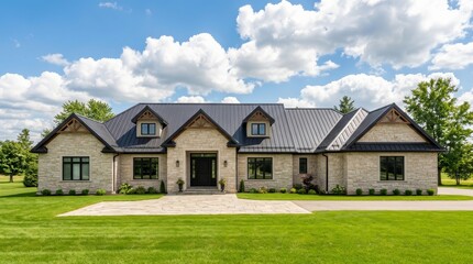 Obraz premium Modern detached house featuring a dark metal roof and stone exterior.