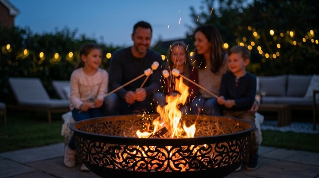 Happy family roasting marshmallows around a backyard fire pit at night.