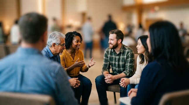 An animated discussion taking place during a small group session at a church conference.