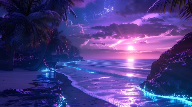 Futuristic Tropical Beach with Bioluminescent Waves at Twilight