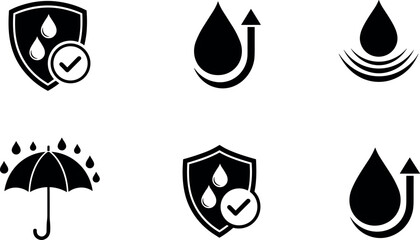 Waterproof and Moisture Protection Icon Set with Shield Umbrella and Water Drop Symbols for Weatherproof Packaging and Technical Designs © Mdsurjo