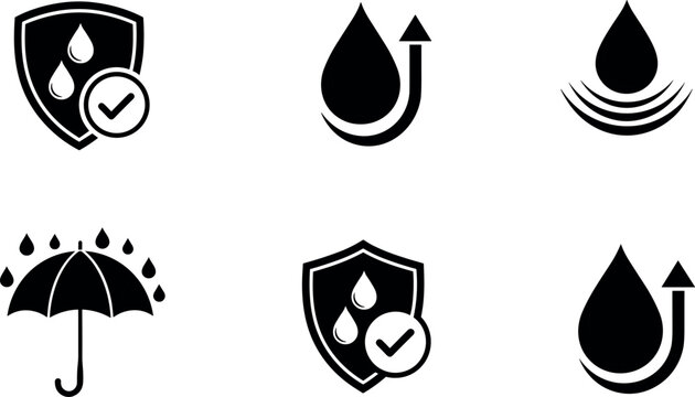 Waterproof and Moisture Protection Icon Set with Shield Umbrella and Water Drop Symbols for Weatherproof Packaging and Technical Designs