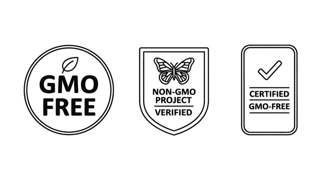 Gmo free labels and certified non gmo project icons line art