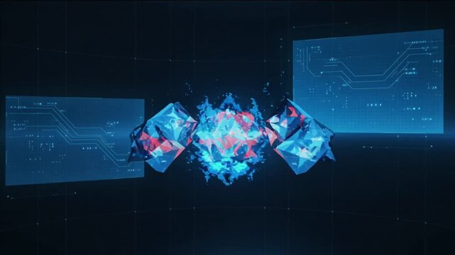 Glowing blue and red molecules on a dark background with digital screens displaying data