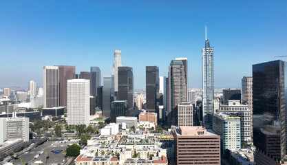 Obraz premium Los Angeles cityscape financial district architecture. Los Angeles modern urban towers buildings. Los Angeles aerial panorama California city. Los Angeles business center towers.
