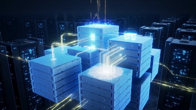 Glowing blue server stacks with illuminated connections against a dark cityscape background at night.