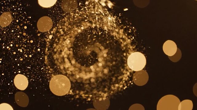 Golden bokeh lights and sparkling dust trails create a magical atmosphere