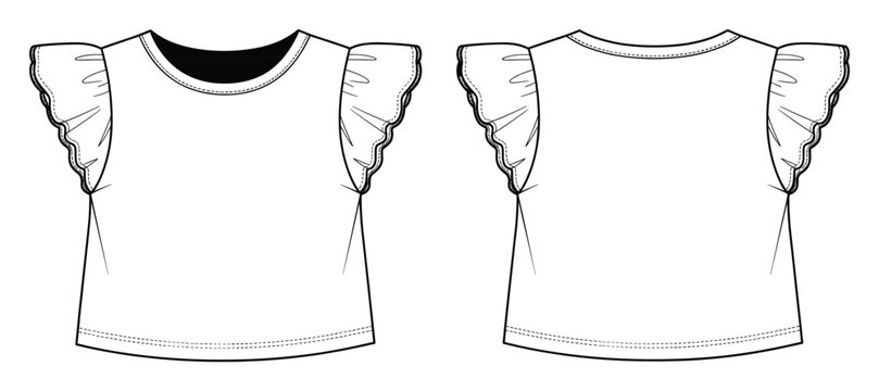 Technical apparel flat sketch of a ruffled sleeve top for garment product development and manufacturing.