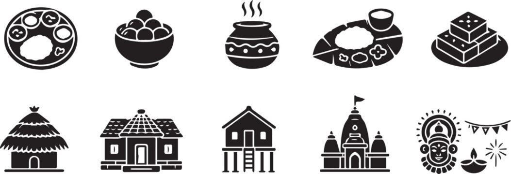 Indian festival icons, traditional food, houses, and decorations, black and white vector illustrations, 10 icons