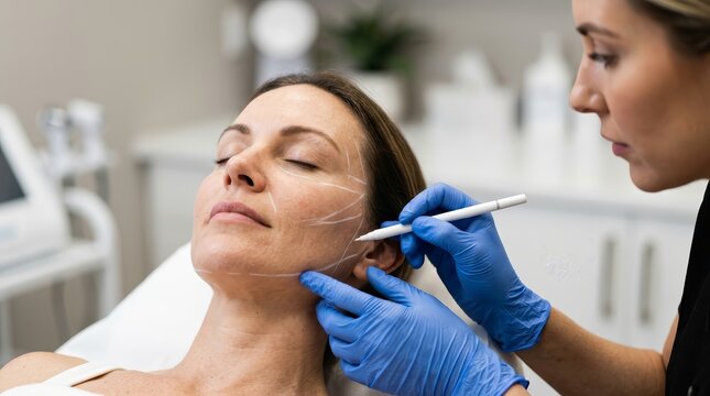 A beautician in blue gloves marks a woman's face with white lines for a thread facelift skin lifting procedure.