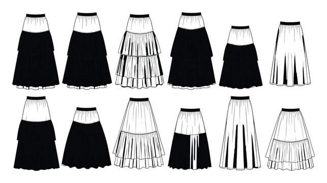 Diverse womens long skirt designs offering various styles ideal for fashion apparel development and garment showcases