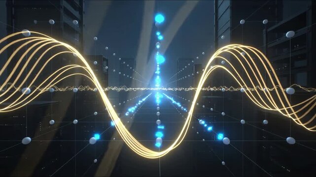 Glowing yellow waveform with blue lights on a dark background with a futuristic cityscape