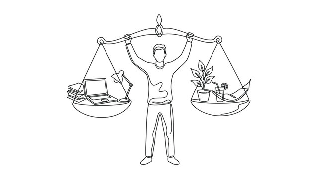 continuous line art Man balancing work and nature.