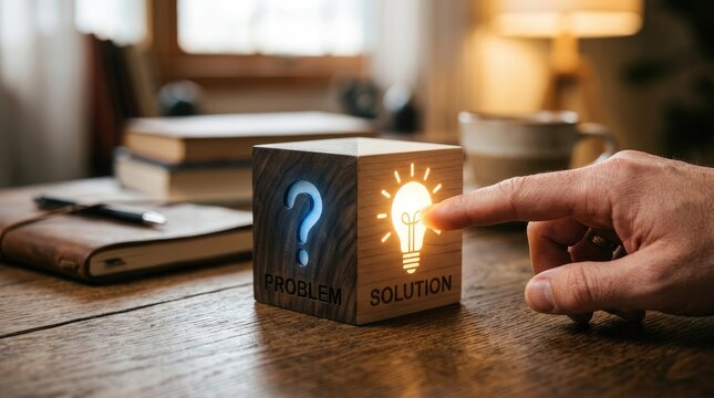 A hand touches a wooden cube with a question mark on one side and the word "PROBLEM" on another. A light bulb icon glows brightly on the third side of the cube.