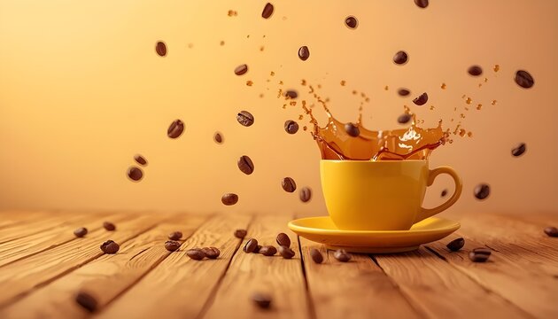 Dynamic Coffee Splash in Yellow Cup with Flying Roasted Beans on Wooden Table for Energetic Cafe Branding Poster