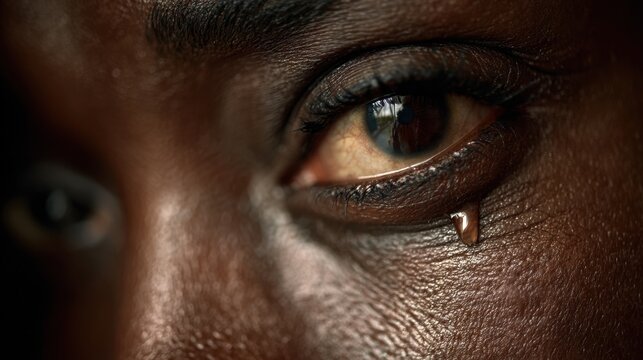 Close-Up of Eye with Tear, Reflecting Emotions and Human Experience, Focus on Individuality and Raw Feelings