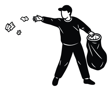 Man carelessly throws crumpled papers while holding a garbage bag, symbolizing littering and pollution awareness for campaigns