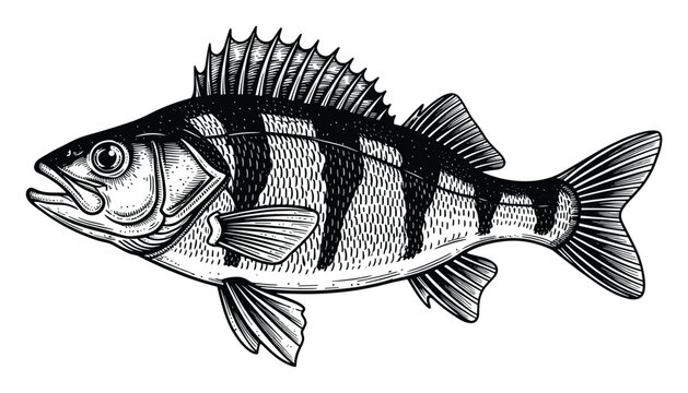 Finely detailed perch fish drawing perfect for fishing themed designs and marine life projects