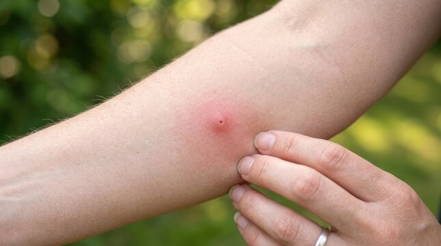 A person is touching a red, inflamed bump on their arm. The hand is gently pressing around the affected area.