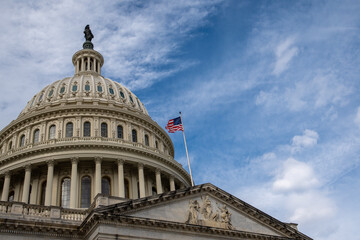 Capitol architecture United States government. Capitol dome Washington DC landmark. Capitol Hill federal building USA democracy. Capitol exterior sky clouds. © Volodymyr