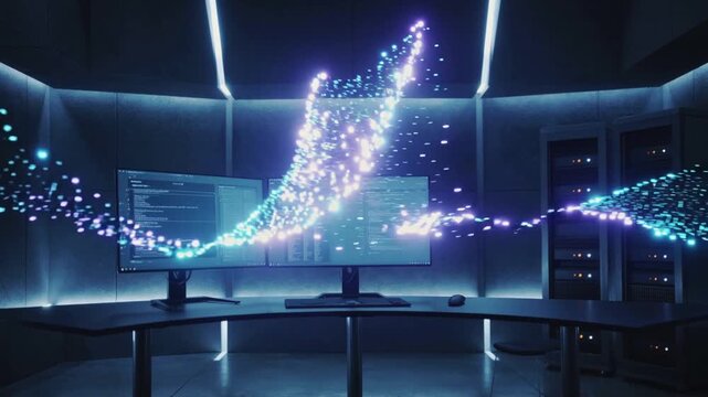 Futuristic control room with a large screen displaying a glowing blue data visualization graph.