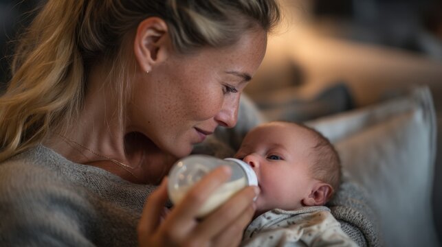 Caring Mother Feeding Baby with Bottle in Cozy Indoor Environment, Soft Lighting Captures Tender Bonding Moment