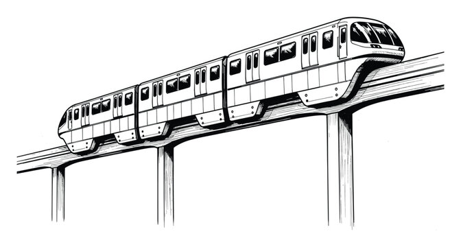 Modern monorail train traveling on an elevated railway system for urban transportation concepts