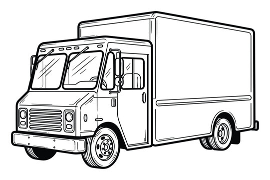 Monochrome outline drawing of a commercial delivery step van truck for logistics and parcel transport service
