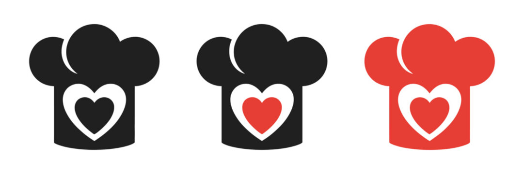 Chef hat love icons with food symbols for restaurant branding and logo templates.