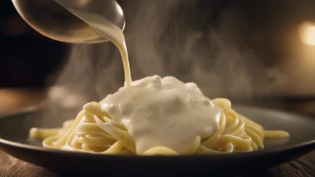 Ladle Pours Creamy Sauce over Hot Pasta for an Appetizing Food Commercial or Restaurant Menu Close Up