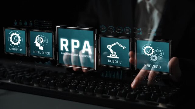 Business Professional Working on Robotic Process Automation Display with Icons of Automation, Intelligence, and Robotics in Modern Workspace Sigmoid