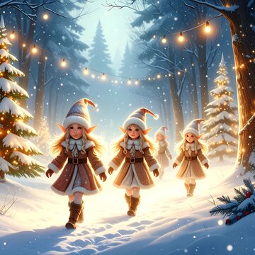 Whimsical depiction of four elfin figures in winter attire traversing a snow-covered path, under ambient string lights and snowy pines