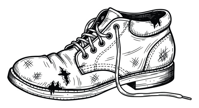 Grungy old lace up boot with damaged texture representing hardship journey and perseverance for storytelling projects