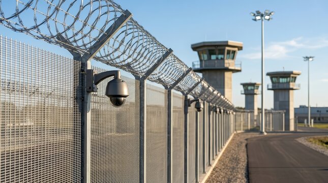 Exterior view of a modern prison facility with high fences and security cameras.